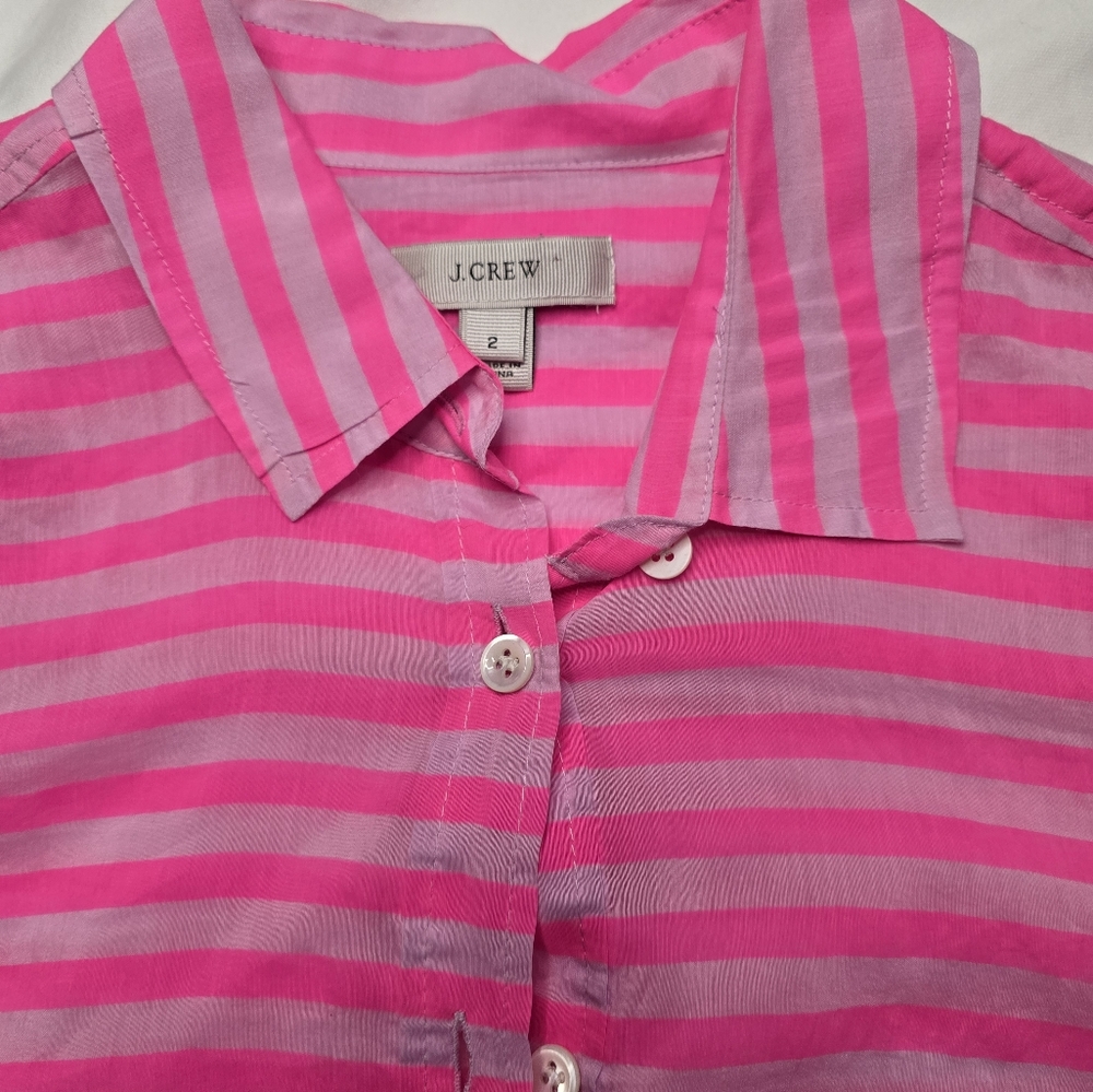 J CREW Hot Pink Stripe Cotton Silk 1/2 Button Popover Shirt sz 2 - Picture 5 of 6